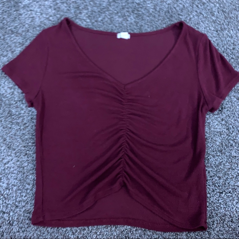 cinched maroon crop top